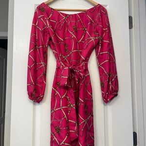 Britt Ryan Dress Pink Chain Horse Pattern Long Puff Sleeve Silk Size 8
